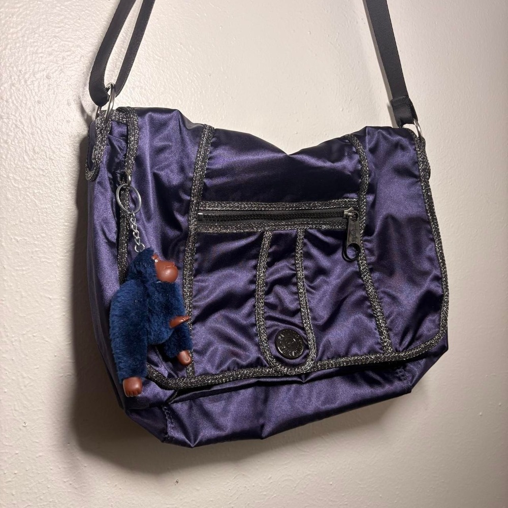 Kipling Messenger Crossbody LG Bag Monkey Charm Satin Metallic Gorilla Girlz